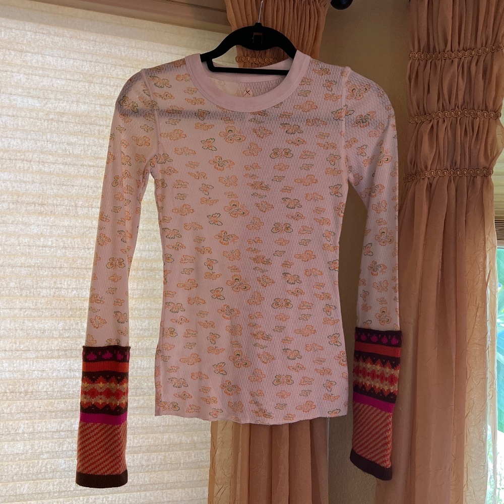 Free People White and Pink Patterned Long Sleeve Tee